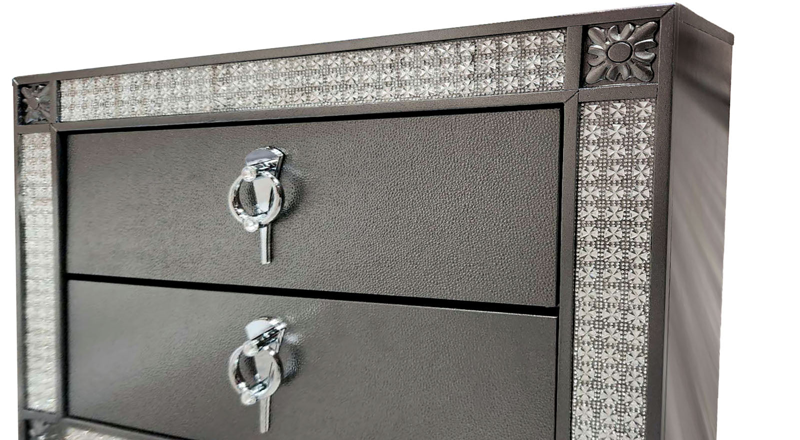 Glam Style 1pc Nightstand Nickel Ring Pulls Tapered Legs Acrylic Trim Gray Finish Bedroom Furniture