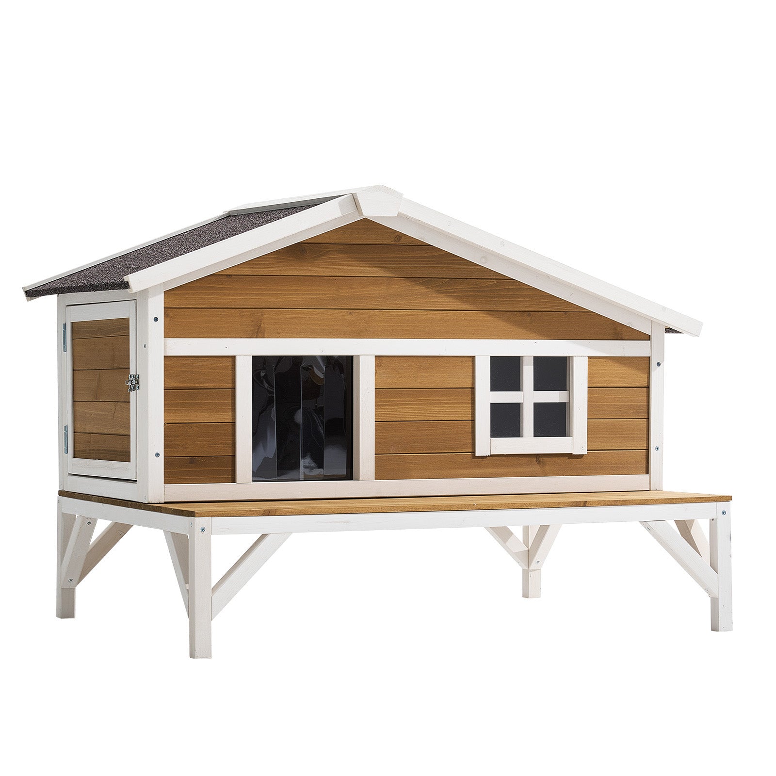 Insulated Cat House, All-Around Foam Insulation Elevated Cat Shelter, Wooden Feral Kitty Shelter with Large Platform, Waterproof Cats Condos for Indoor & Outdoor Cats in Winter 43.5x33.5x31 in