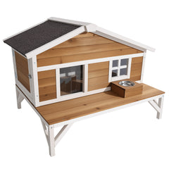Insulated Cat House, All-Around Foam Insulation Elevated Cat Shelter, Wooden Feral Kitty Shelter with Large Platform, Waterproof Cats Condos for Indoor & Outdoor Cats in Winter 43.5x33.5x31 in