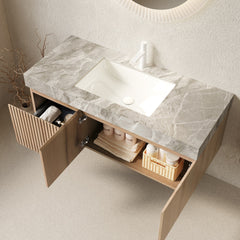 MURI 48" Bathroom Vanity&Sink, Floating Plywood Storage Cabinet with Drawer&Doors, Light Gray Sintered StoneTop&Ceramic Basin with 1 Pre-drilled Faucet Hole, Pre-assembled,  White Oak Woodgrain Color