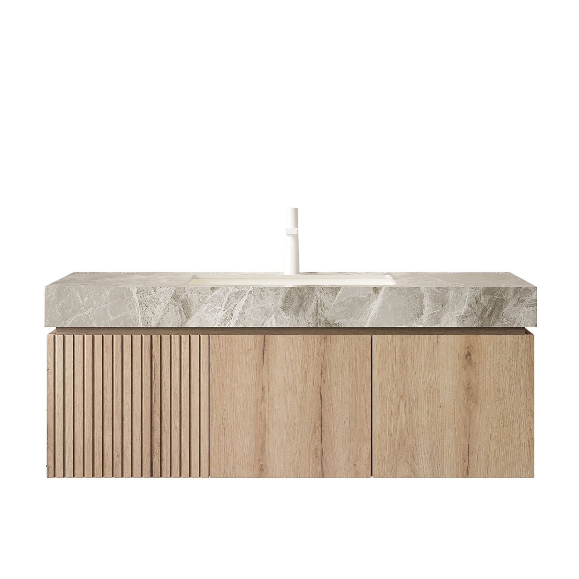 MURI 48" Bathroom Vanity&Sink, Floating Plywood Storage Cabinet with Drawer&Doors, Light Gray Sintered StoneTop&Ceramic Basin with 1 Pre-drilled Faucet Hole, Pre-assembled,  White Oak Woodgrain Color