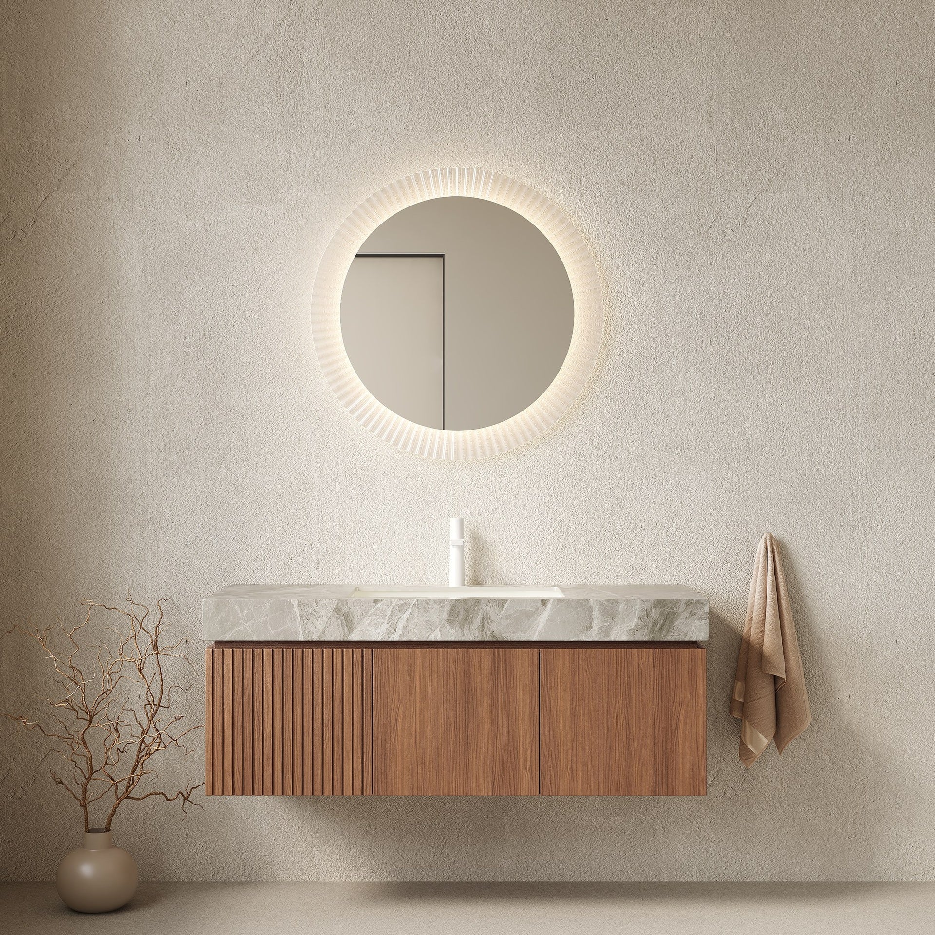 MURI 48" Bathroom Vanity&Sink, Floating Plywood Storage Cabinet with Drawer&Doors, Light Gray Sintered Stone Top&Ceramic Basin with 1 Pre-drilled Faucet Hole, Pre-assembled, Brown Oak Woodgrain Color