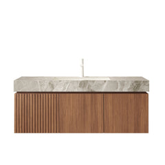 MURI 48" Bathroom Vanity&Sink, Floating Plywood Storage Cabinet with Drawer&Doors, Light Gray Sintered Stone Top&Ceramic Basin with 1 Pre-drilled Faucet Hole, Pre-assembled, Brown Oak Woodgrain Color