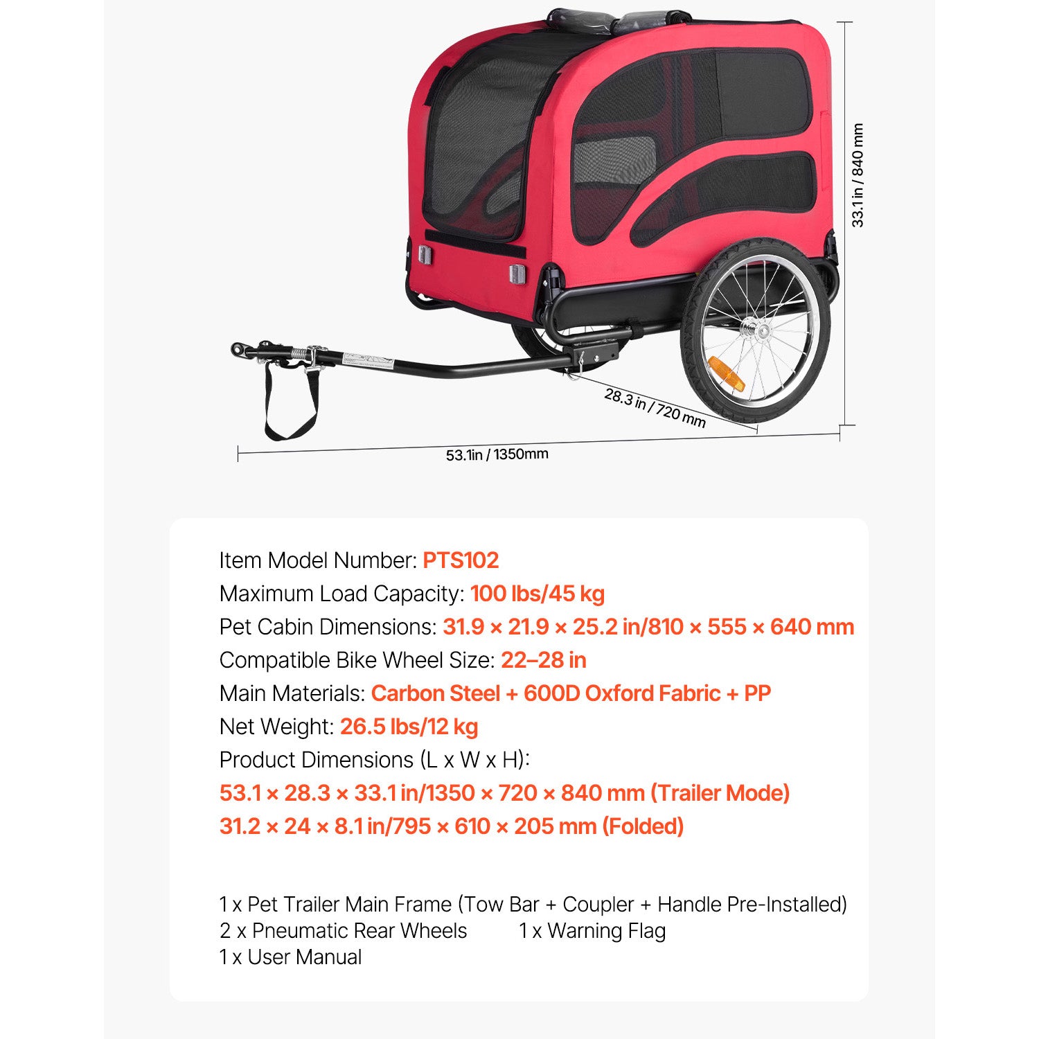 Dog Bike Trailer, Supports up to 100 lbs, Pet Cart Bicycle Carrier for Small & Large Dogs, Easy Folding Frame with Quick Release Wheel, Universal Bicycle Coupler, Reflector, Flag, Internal Leash