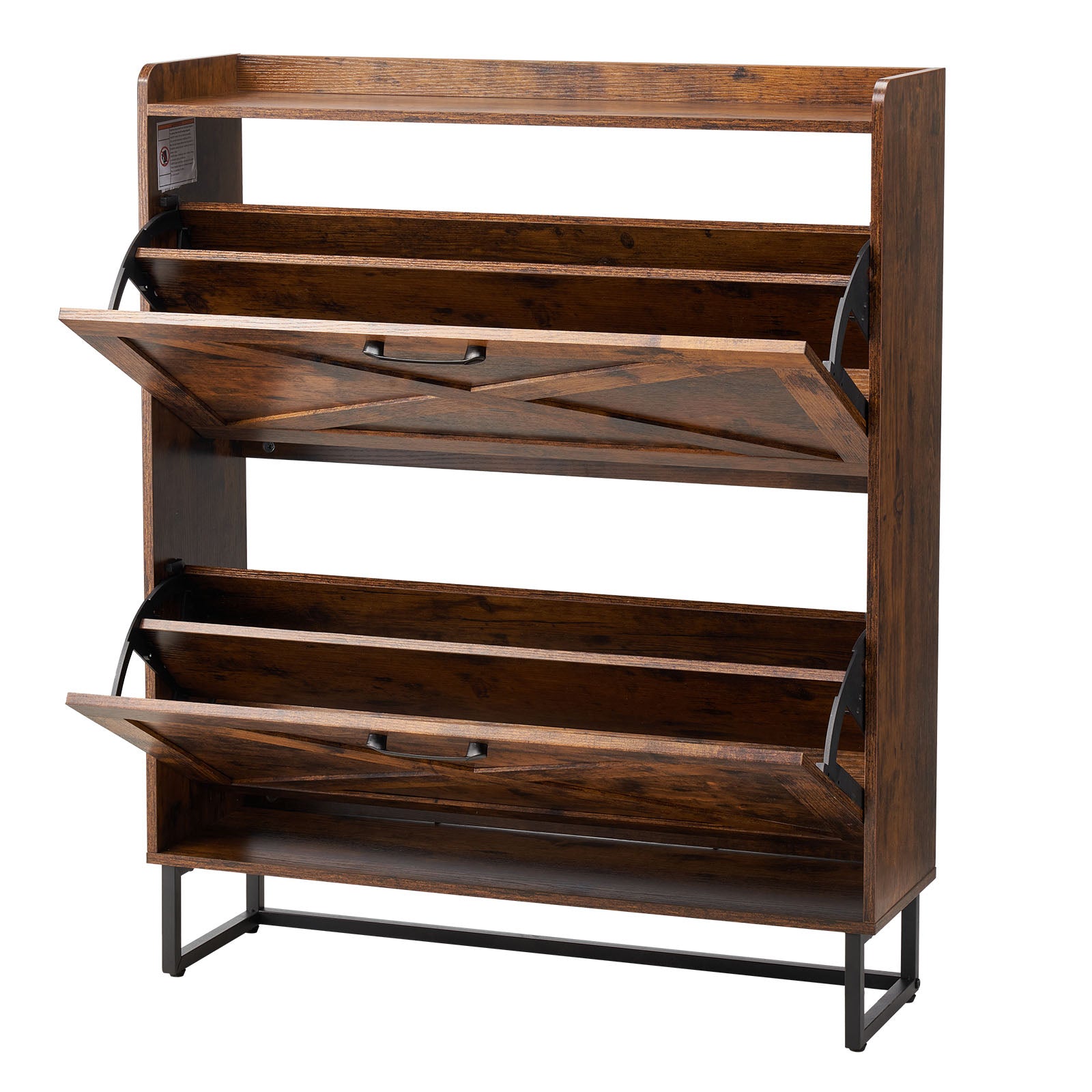 Shoe Cabinet with 2 Flip Drawers, Farmhouse Shoes Storage Cabinet with Metal Legs and Anti-Tipping Device, Freestanding Shoe Organizer Ideal for Entryway, Hallway, Bedroom, Living Room, Brown