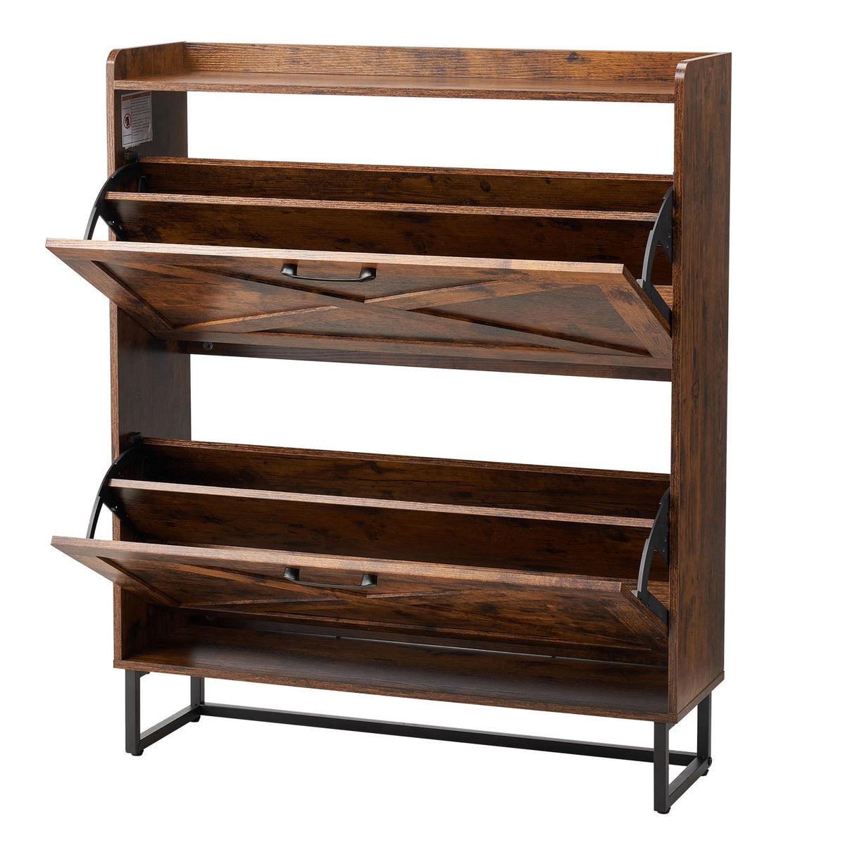 Shoe Cabinet with 2 Flip Drawers, Farmhouse Shoes Storage Cabinet with Metal Legs and Anti-Tipping Device, Freestanding Shoe Organizer Ideal for Entryway, Hallway, Bedroom, Living Room, Brown