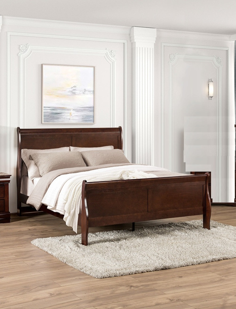 Dark Cherry Sleigh Design 1pc Twin Size Bed Bedroom Furniture Louis Phillipe Bed Bracket Feet Wooden