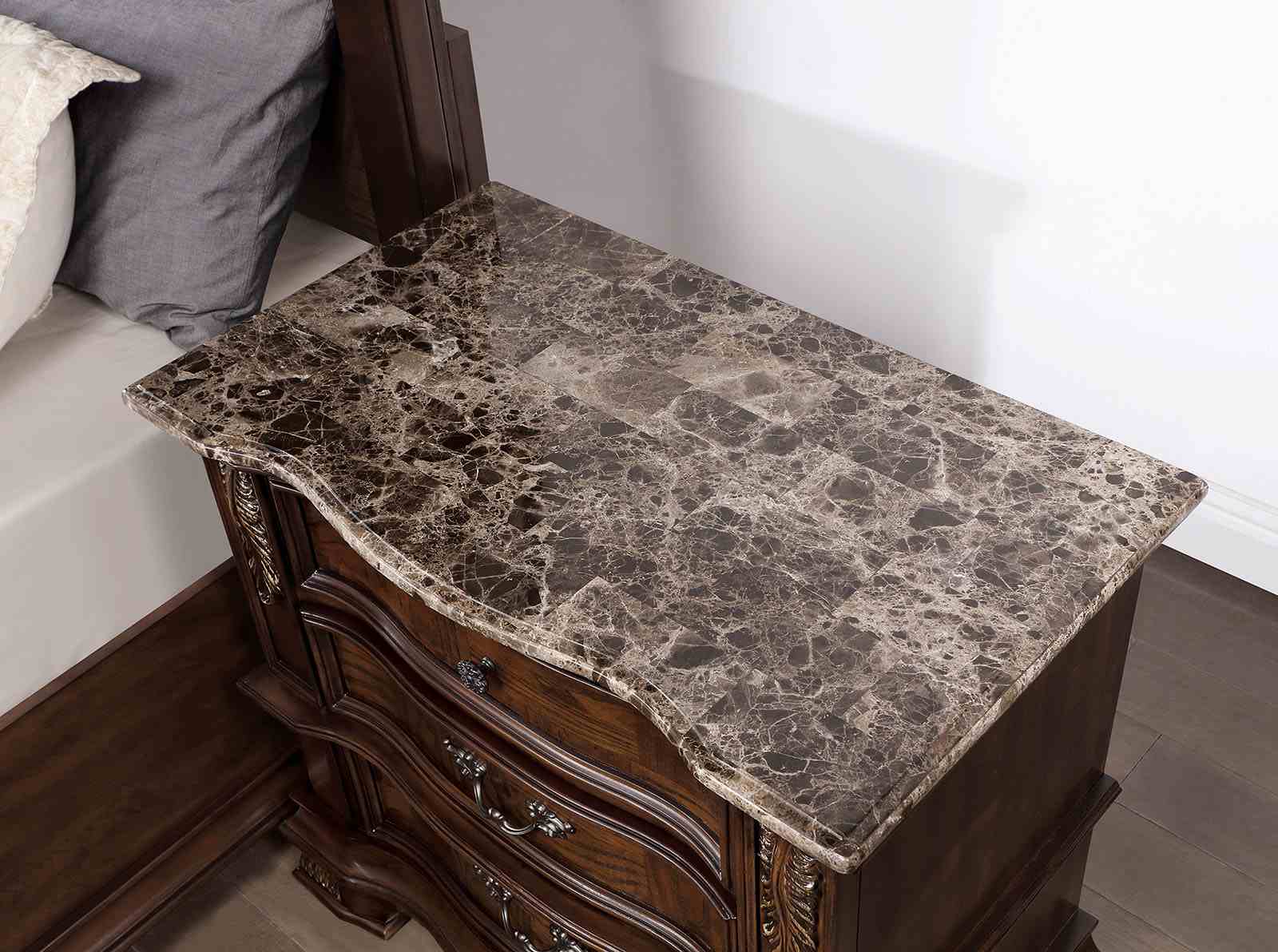 Traditional Style 1pc Nightstand Marble Top Dovetail Drawers Ball Bearing Glide Brown Cherry Finish Bedroom Furniture