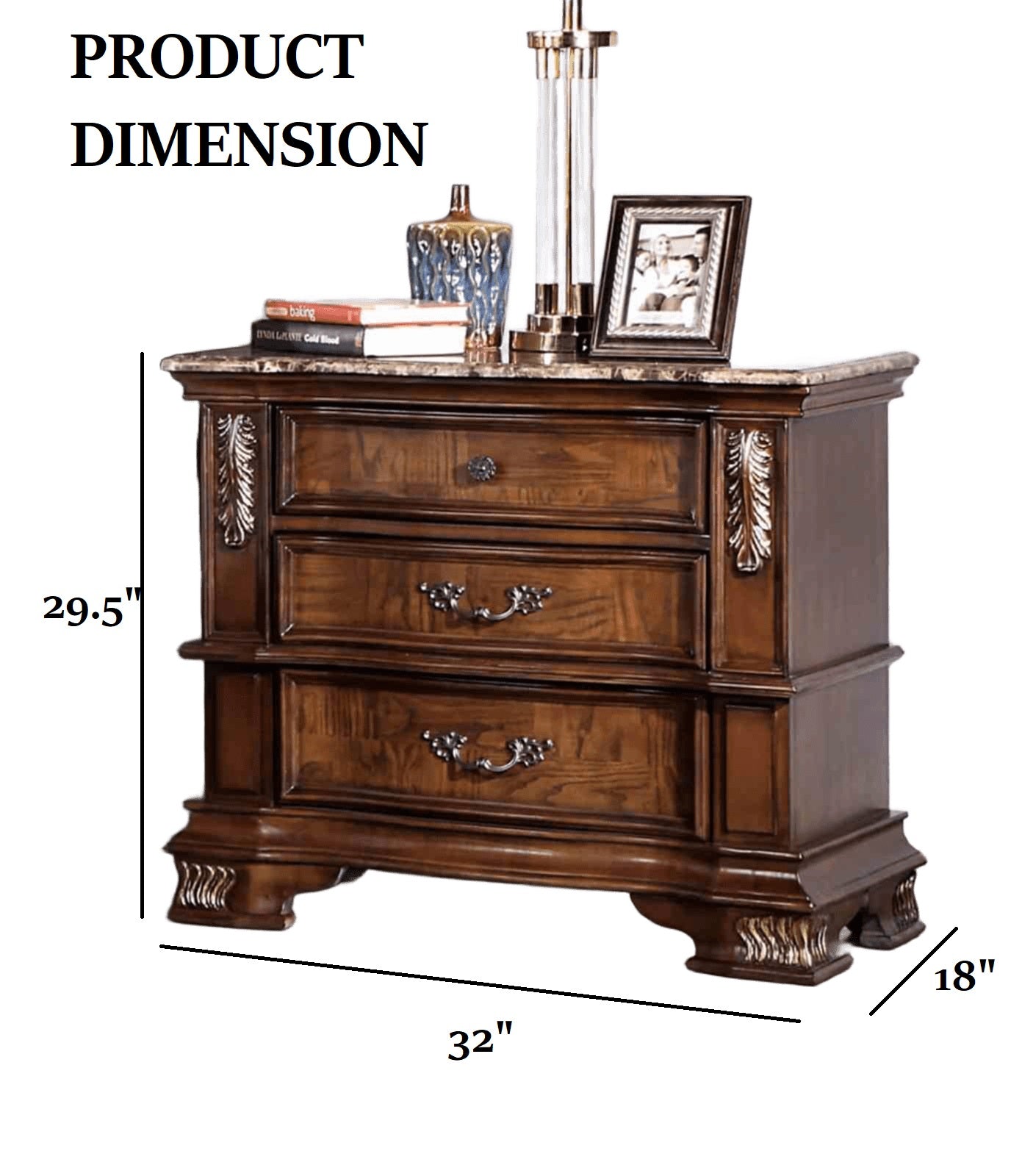 Traditional Style 1pc Nightstand Marble Top Dovetail Drawers Ball Bearing Glide Brown Cherry Finish Bedroom Furniture
