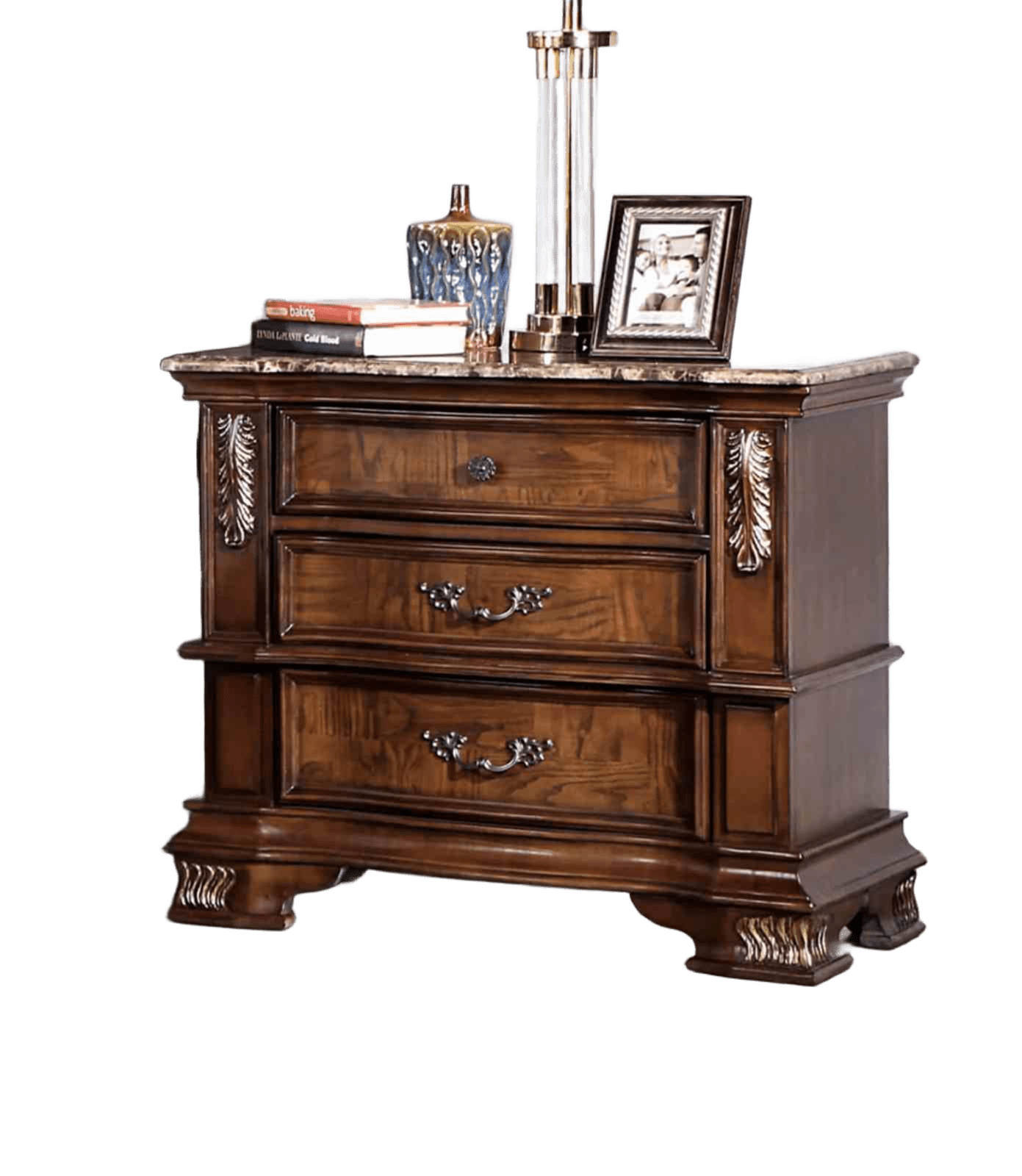 Traditional Style 1pc Nightstand Marble Top Dovetail Drawers Ball Bearing Glide Brown Cherry Finish Bedroom Furniture