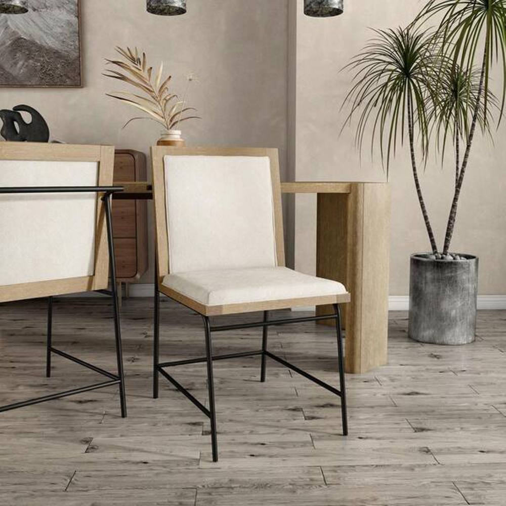 Contemporary Style 2pc Side Chair Upholstered Seat And Back Metal Leg Oak And Beige Finish Dining Finish
