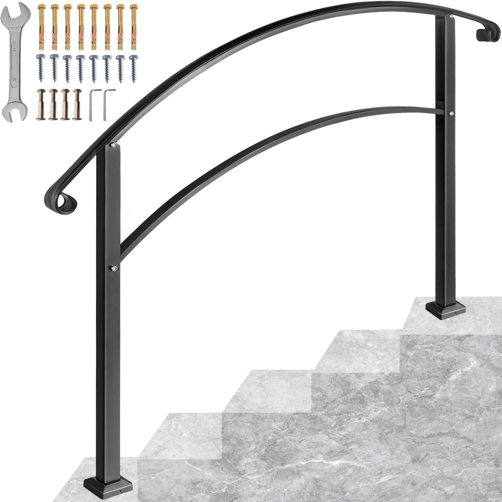 Handrails for Outdoor Steps, Fit 1 or 5 Steps Outdoor Stair Railing, Black Wrought Iron Handrail, Flexible Front Porch Hand Rail, Transitional Handrails for Concrete Steps or Wooden Stairs