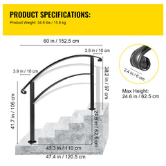 Handrails for Outdoor Steps, Fit 1 or 5 Steps Outdoor Stair Railing, Black Wrought Iron Handrail, Flexible Front Porch Hand Rail, Transitional Handrails for Concrete Steps or Wooden Stairs