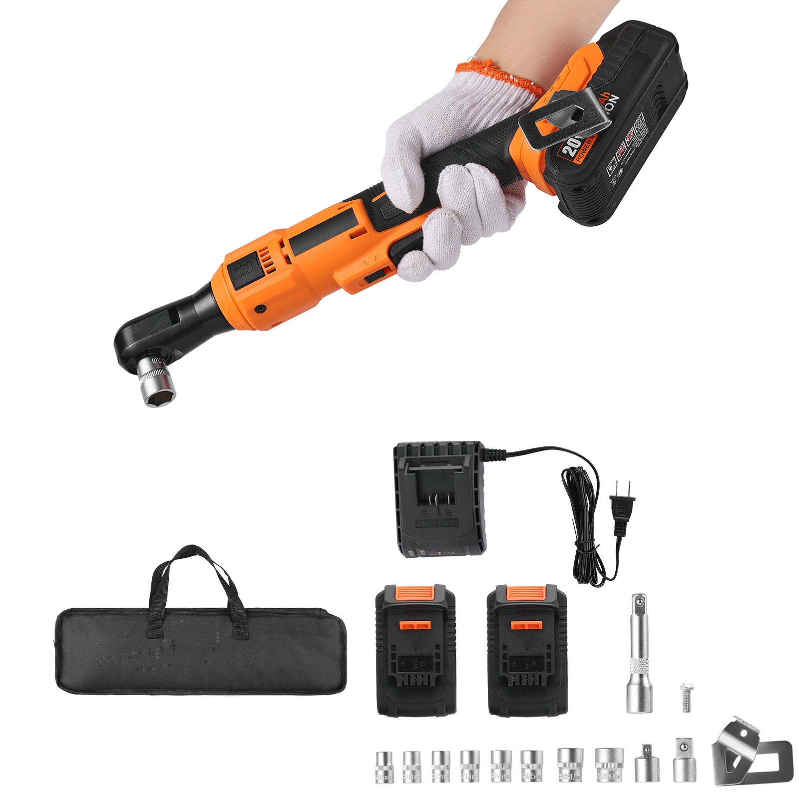 Cordless Ratchet Wrench, 3/8 inch Drive, 230 RPM, up to 88 ft-lbs of Torque, Battery Powered Electric Ratchet Wrench Set with Two 2.0Ah Batteries, Charger, Sockets, Adaptors and Cloth Bag
