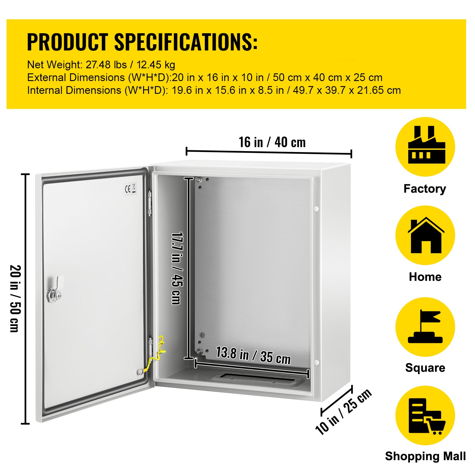 NEMA Steel Enclosure, 20 x 16 x 10'' NEMA 4X Steel Electrical Box, IP66 Waterproof & Dustproof, Outdoor/Indoor Electrical Junction Box, with Mounting Plate