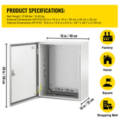 NEMA Steel Enclosure, 20 x 16 x 10'' NEMA 4X Steel Electrical Box, IP66 Waterproof & Dustproof, Outdoor/Indoor Electrical Junction Box, with Mounting Plate