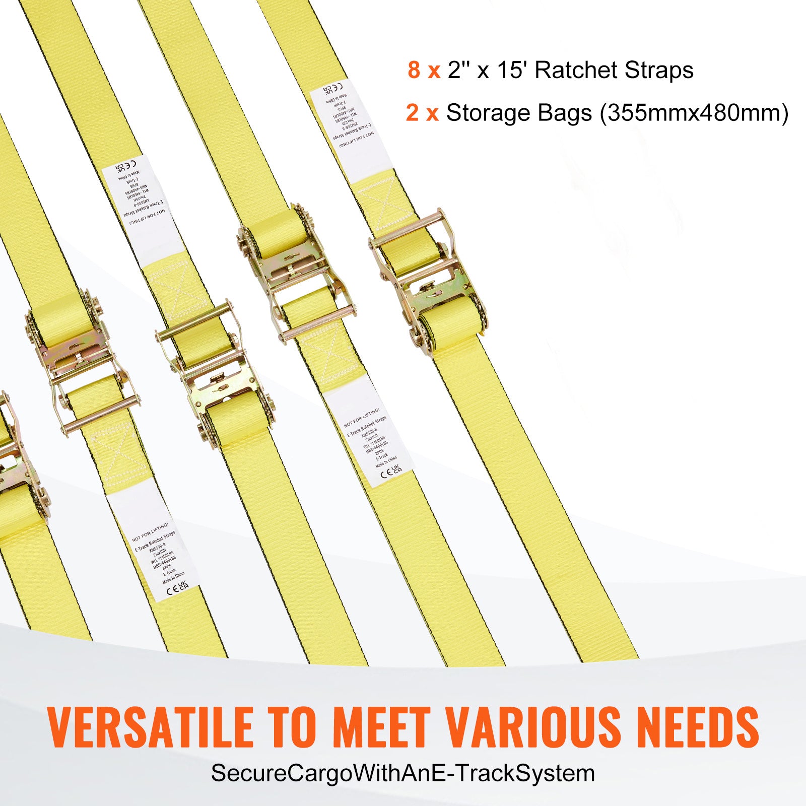 Ratchet Tie Down Straps (8PK), 4400 lb Break Strength, E-Track Endless Ratchet with 8 Premium 2" x 15' Rachet Tie Downs Heavy Duty, for Moving Securing Cargo, Appliances, Lawn Equipment
