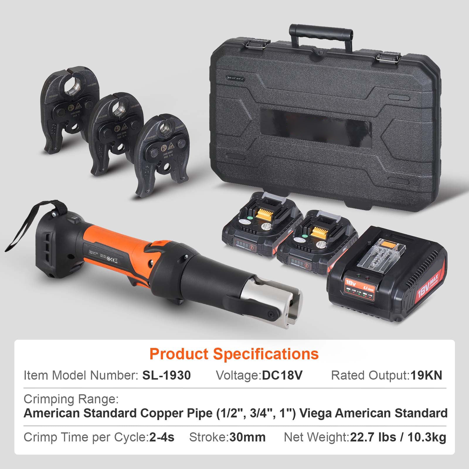 Pro Press Tool Pipe Crimping Kit Press Tool Battery Kit 1/2" 3/4" 1" Jaw