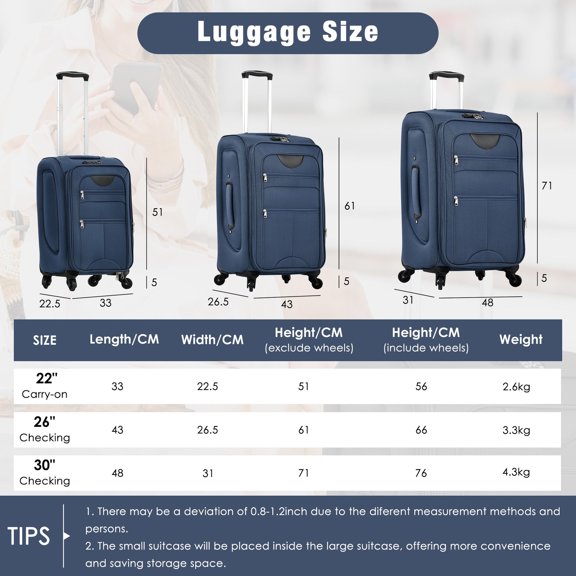 Softside Luggage Expandable 3 Piece Set Suitcase with Duffel Bag Upright Spinner Softshell Lightweight Luggage Travel Set-22/26/30 IN