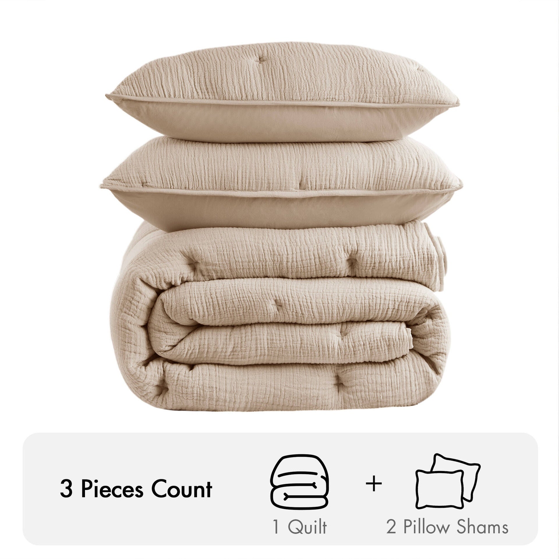 3-Piece Full/Queen Cotton Gauze  Embroidered Quilt Set,Taupe