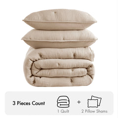 3-Piece Full/Queen Cotton Gauze  Embroidered Quilt Set,Taupe