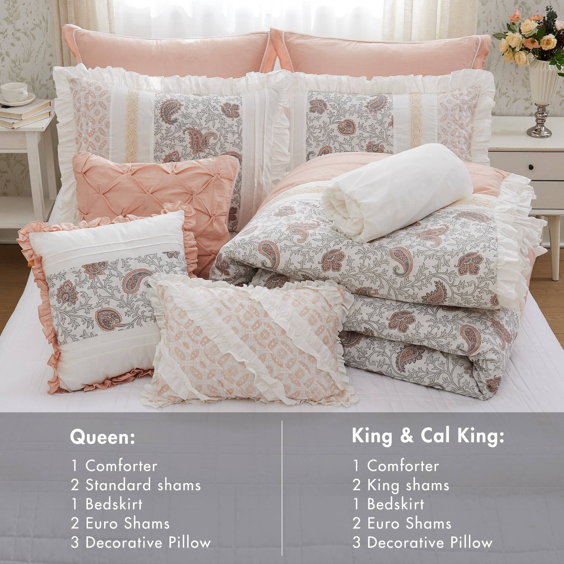 9 Piece Cotton Percale Comforter Set Blush King