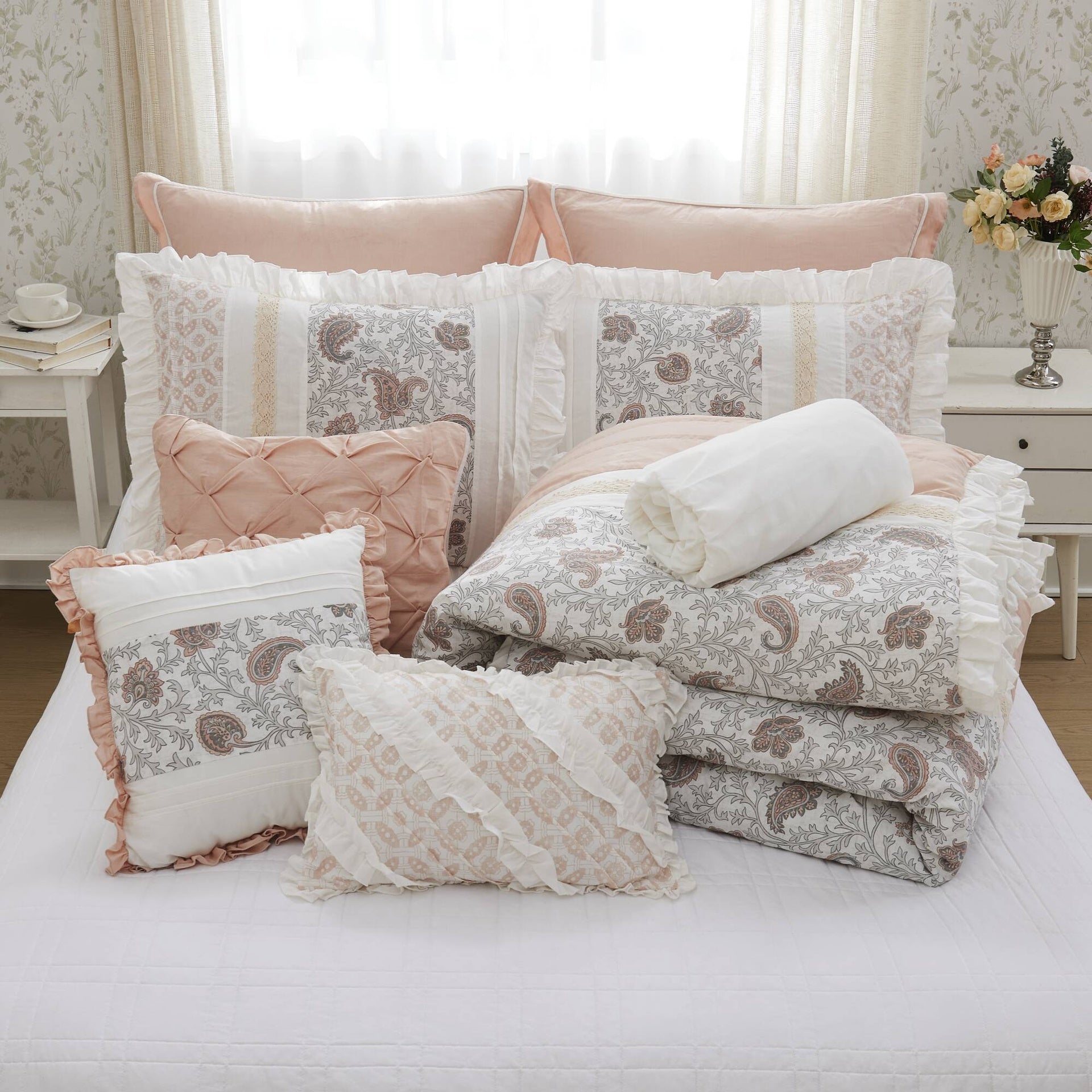 9 Piece Cotton Percale Comforter Set Blush King