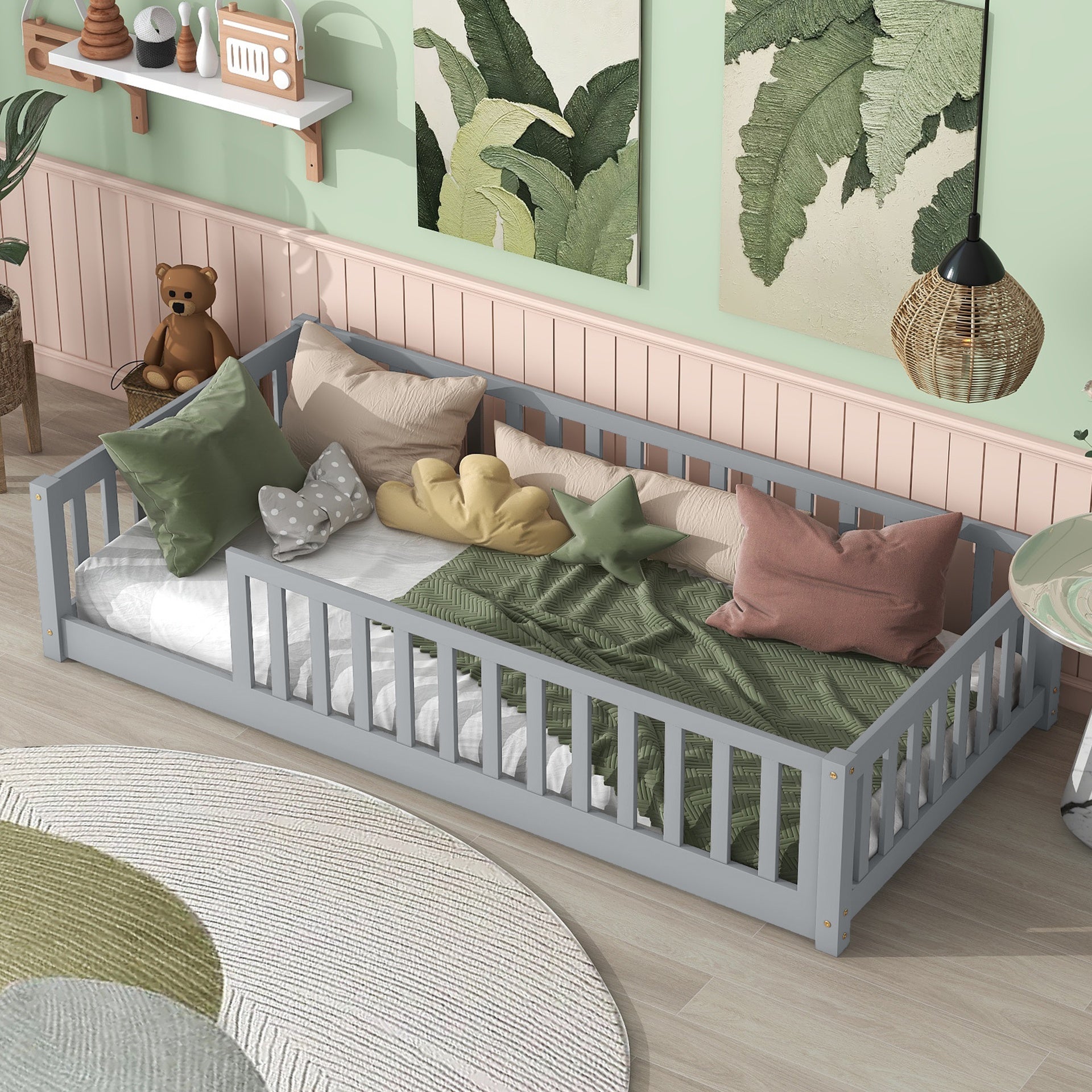 Twin Size Floor Bed with Fence without Door, Rubber Wood Floor Bed with Safety Guardrails,Grey