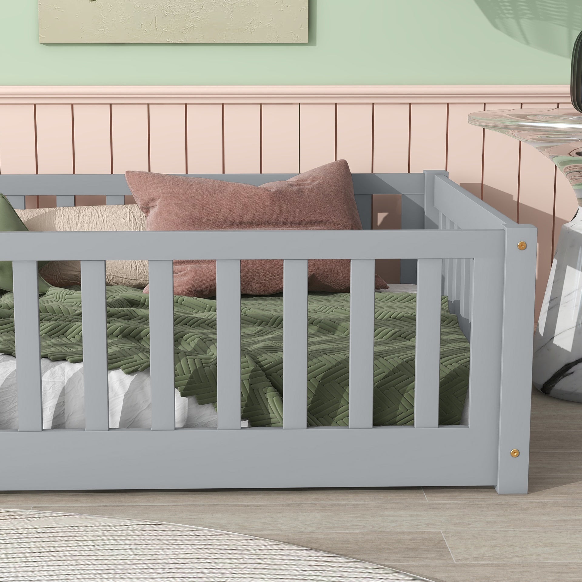 Twin Size Floor Bed with Fence without Door, Rubber Wood Floor Bed with Safety Guardrails,Grey