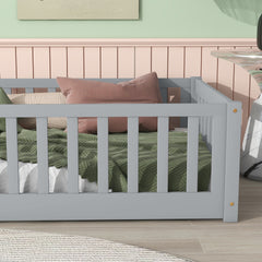 Twin Size Floor Bed with Fence without Door, Rubber Wood Floor Bed with Safety Guardrails,Grey
