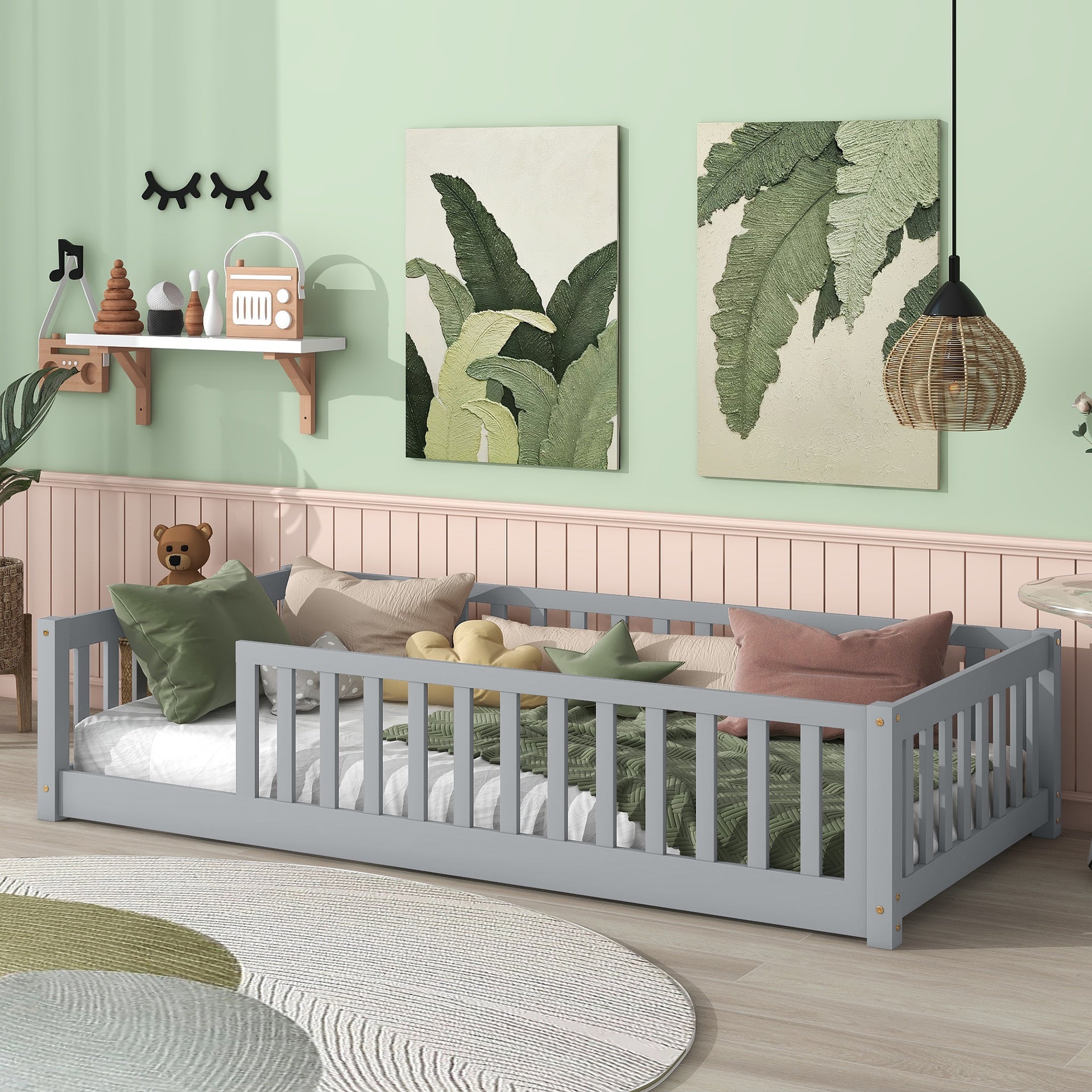 Twin Size Floor Bed with Fence without Door, Rubber Wood Floor Bed with Safety Guardrails,Grey