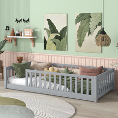 Twin Size Floor Bed with Fence without Door, Rubber Wood Floor Bed with Safety Guardrails,Grey