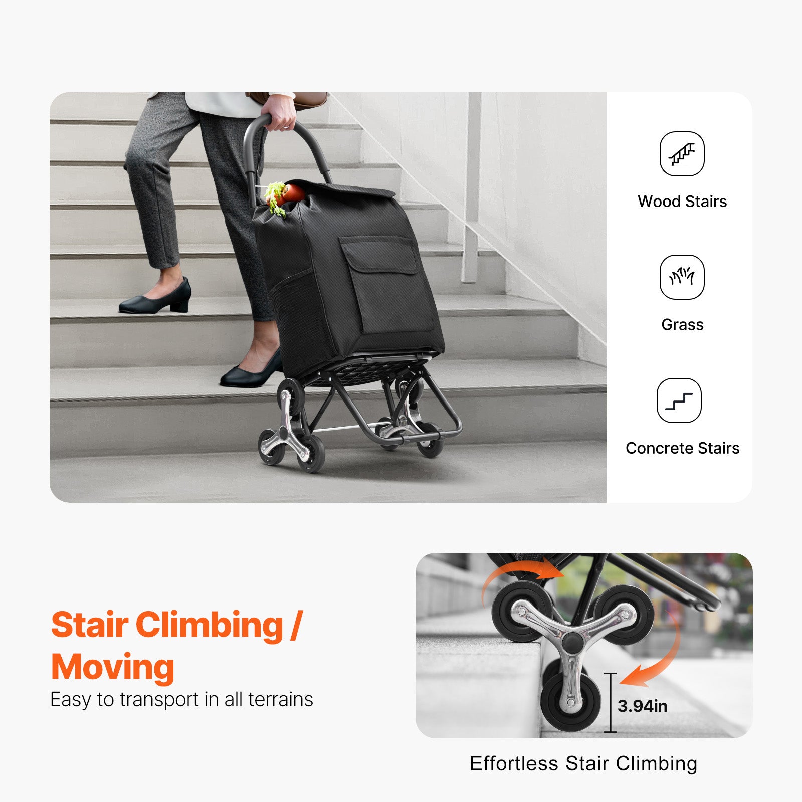 Stair Climbing Cart Foldable Shopping Cart 36L with Storage Bag 6 Wheels