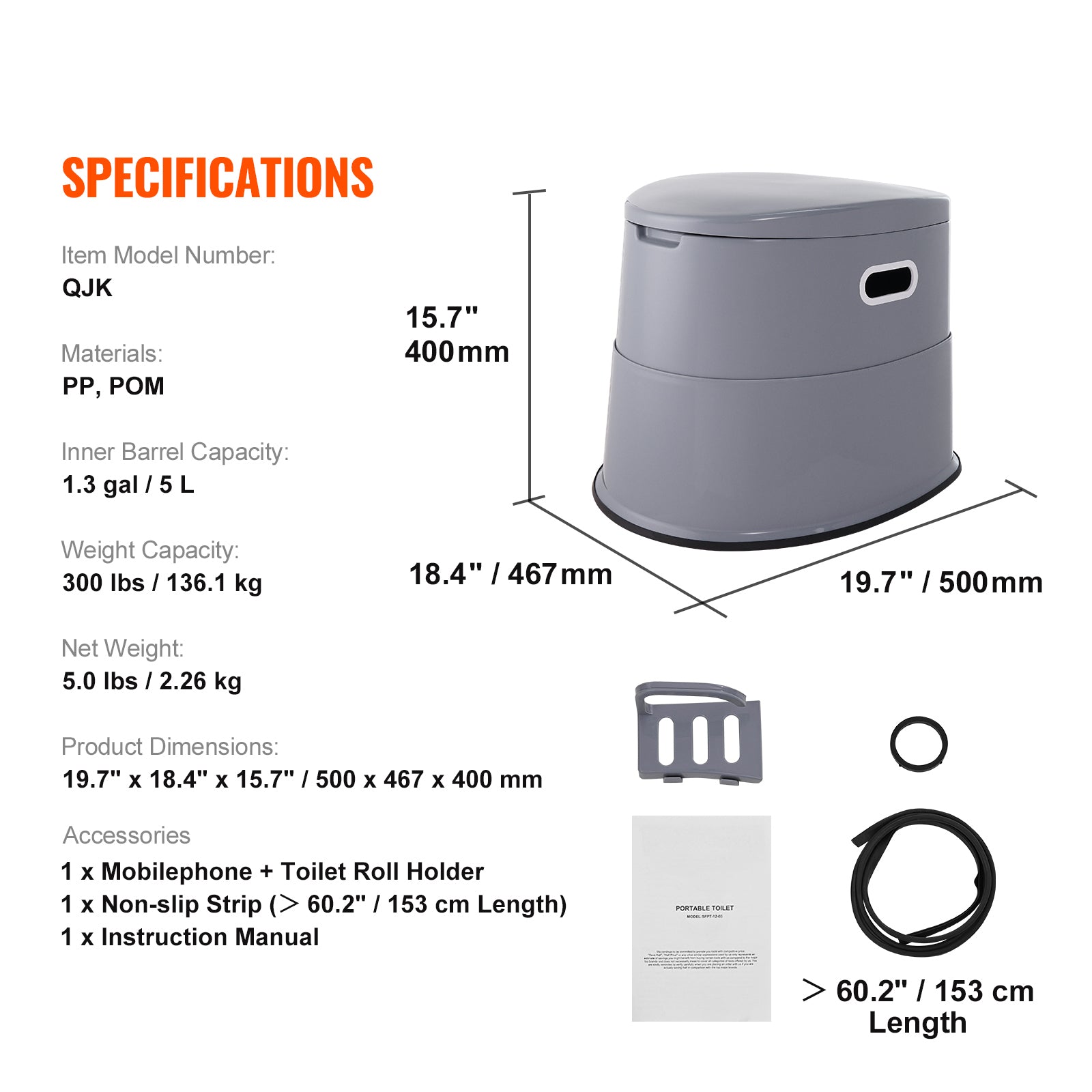 Portable Toilet for Camping, Porta Potty with 1.3 Gal Detachable Inner Bucket & Removable Paper Holder, Commode with Dual Lids, Travel Toilet for Adults Kids Outdoor Camping Car Long Road Trips