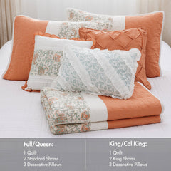 6 Piece Cotton Percale Quilt Set with Throw Pillows Coral King/Cal King