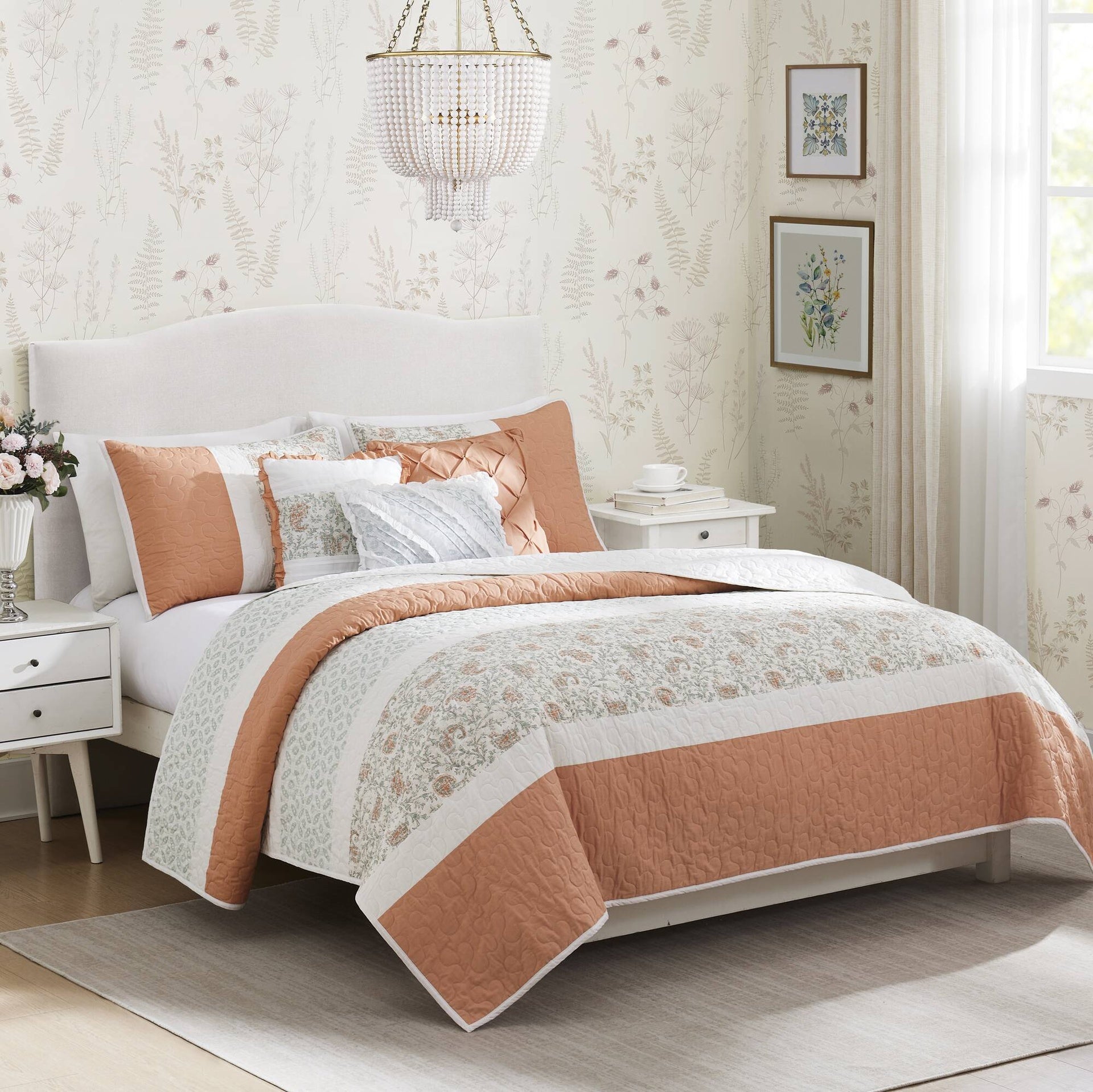 6 Piece Cotton Percale Quilt Set with Throw Pillows Coral King/Cal King
