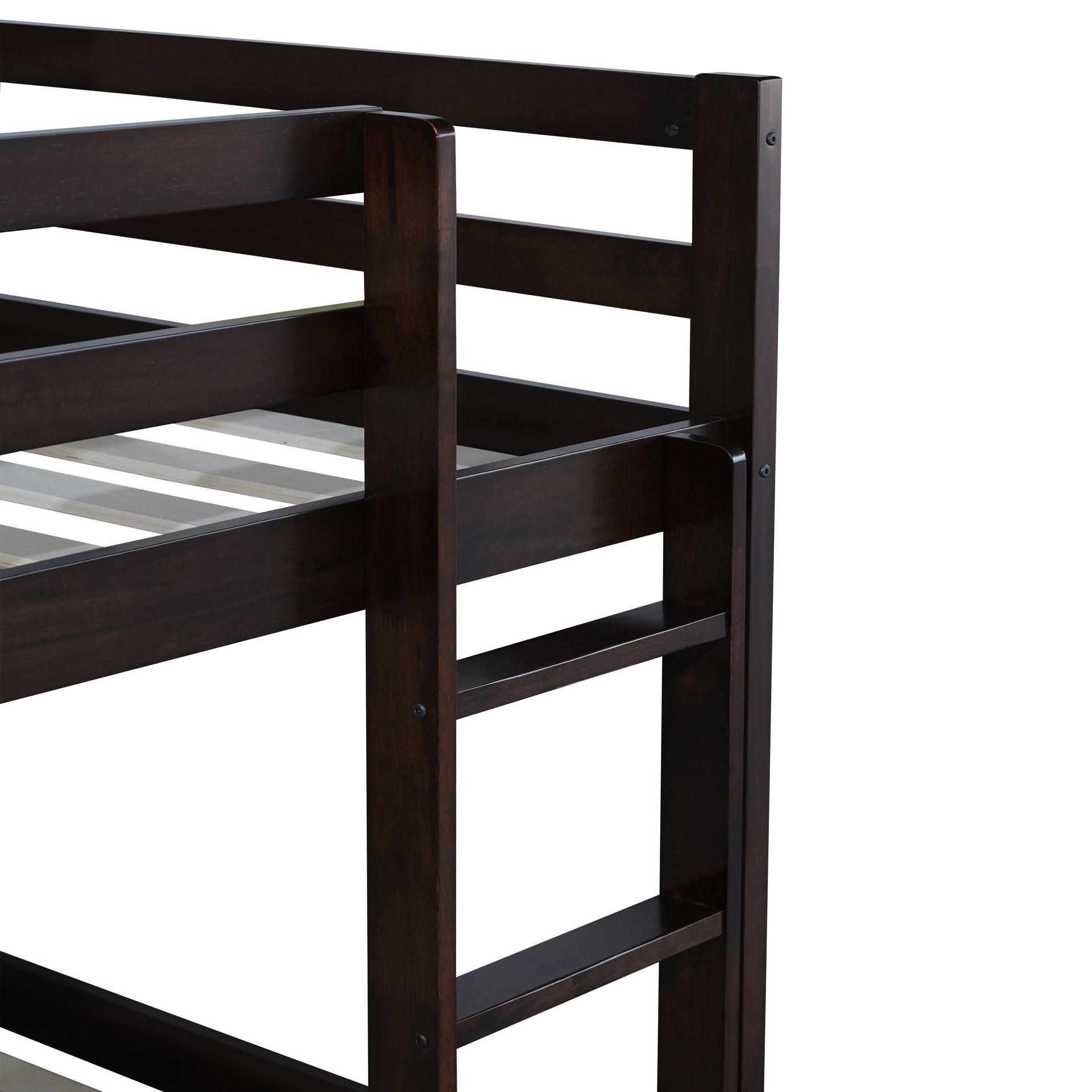 Solid Wooden , Solid Rubber Wooden Twin over Twin Floor Bunk Bed with Ladder ,Upper and Bottom Bed Platforms crafted with Strengthened Slats,Espresso