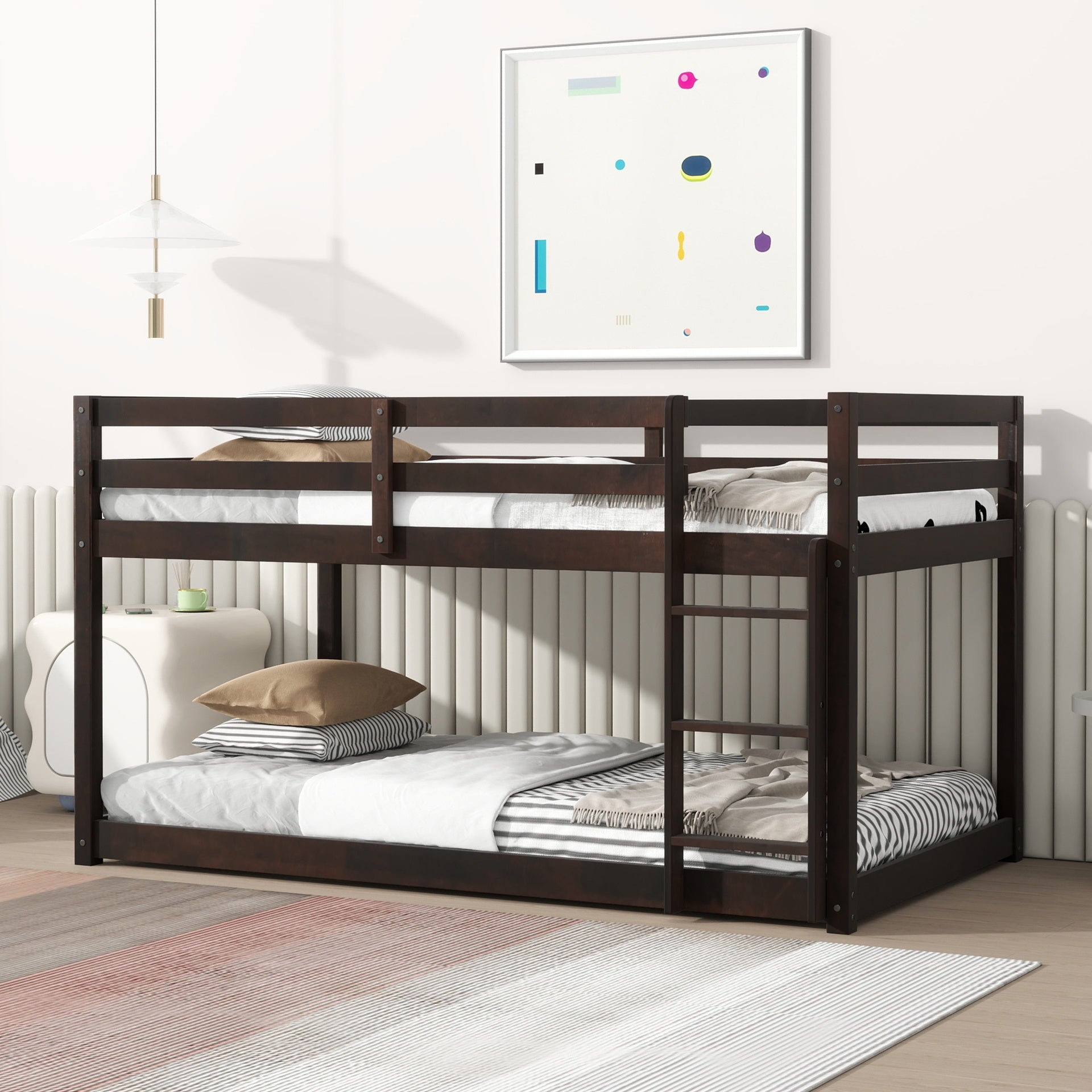 Solid Wooden , Solid Rubber Wooden Twin over Twin Floor Bunk Bed with Ladder ,Upper and Bottom Bed Platforms crafted with Strengthened Slats,Espresso