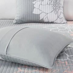 6 Piece Printed Cotton Quilt Set with Throw Pillows Grey/Peach Full/Queen