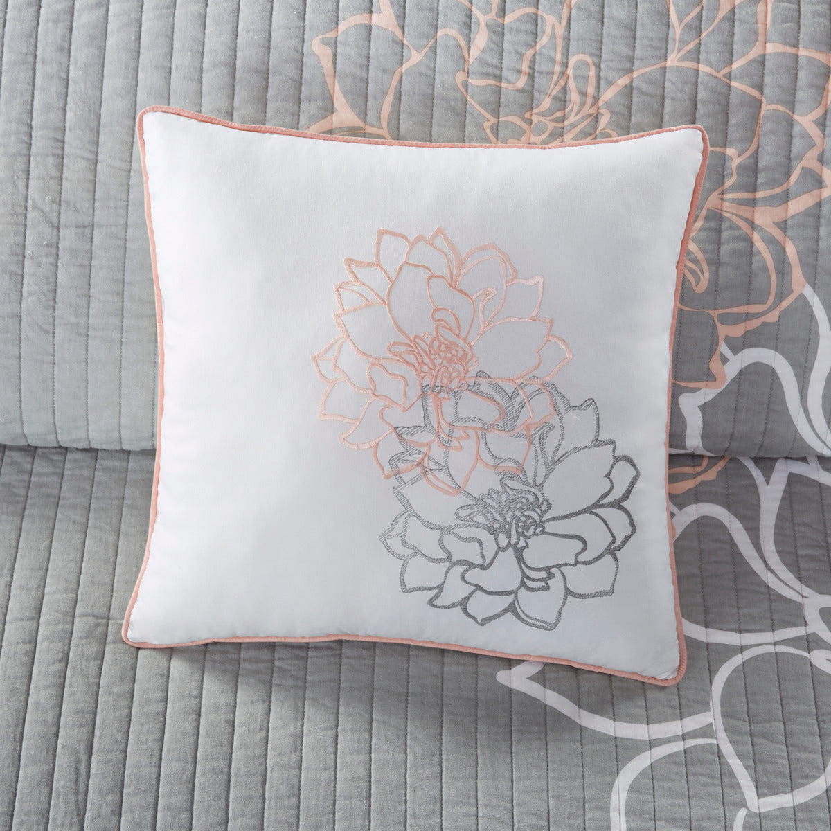 6 Piece Printed Cotton Quilt Set with Throw Pillows Grey/Peach Full/Queen