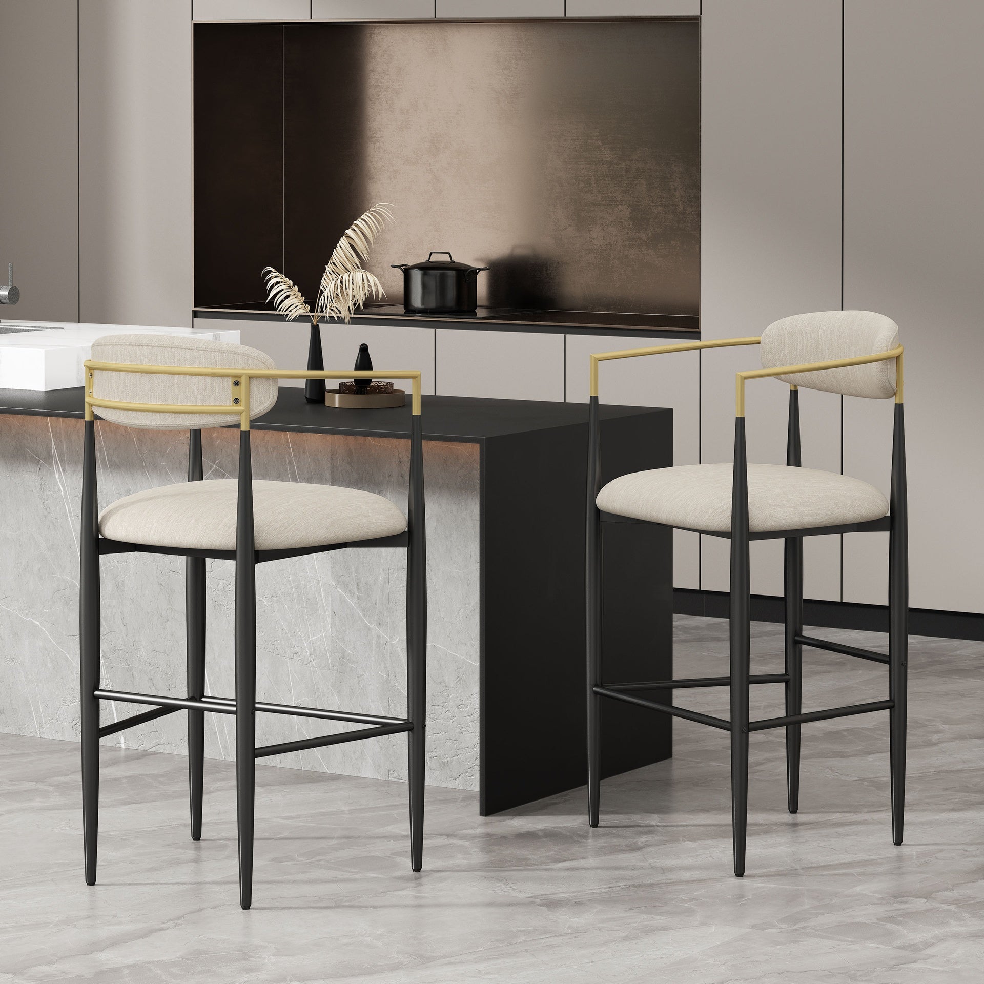 Barstools Set of 2, Upholstered Bar Stools with Backs and Iron Legs for Kitchen Island, Beige Fabric Seating 260LBS Weight Capacity