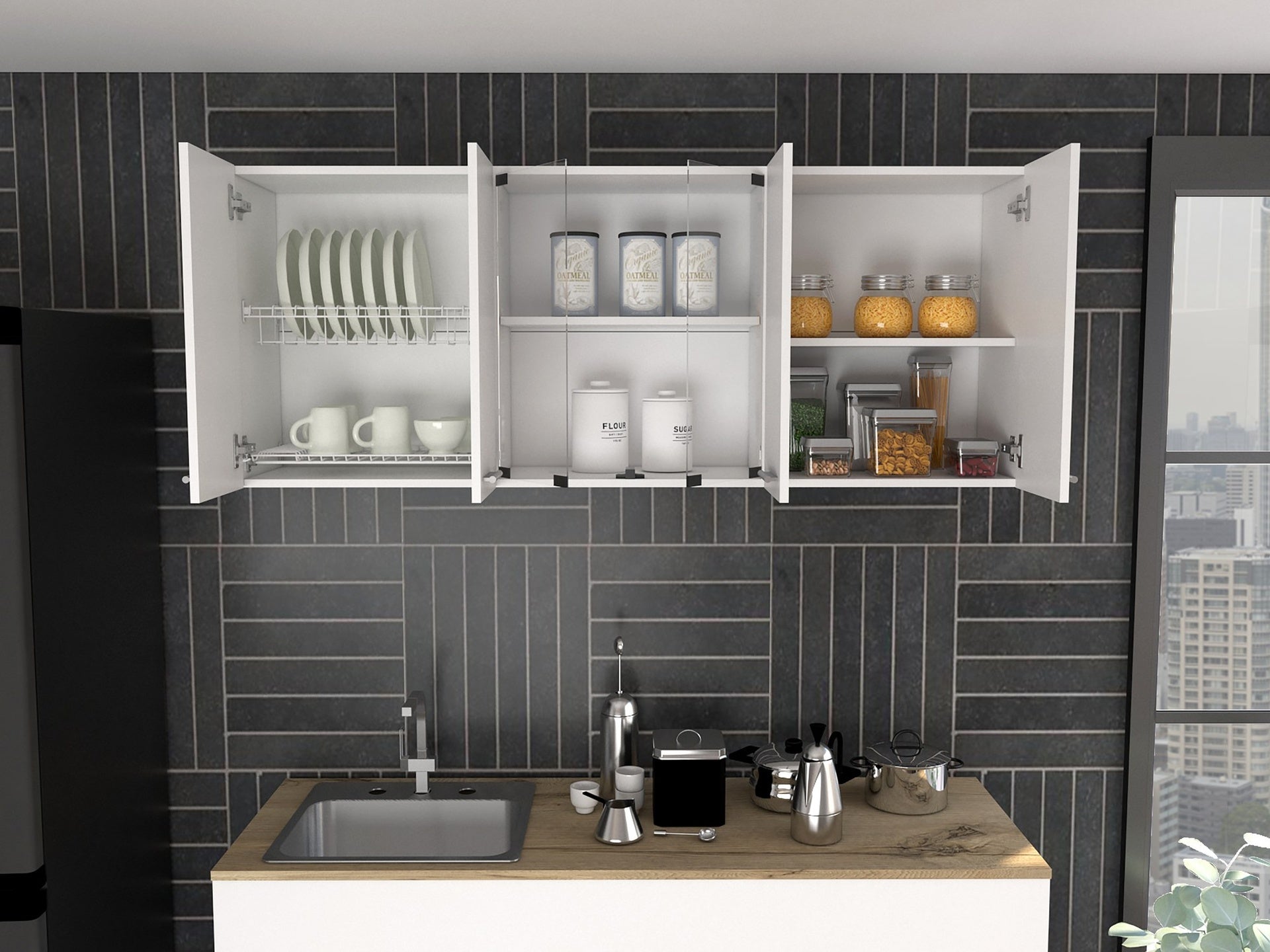 Yuma 150" Wall Cabinet, Two Close Cabinets, Two Open Shelves