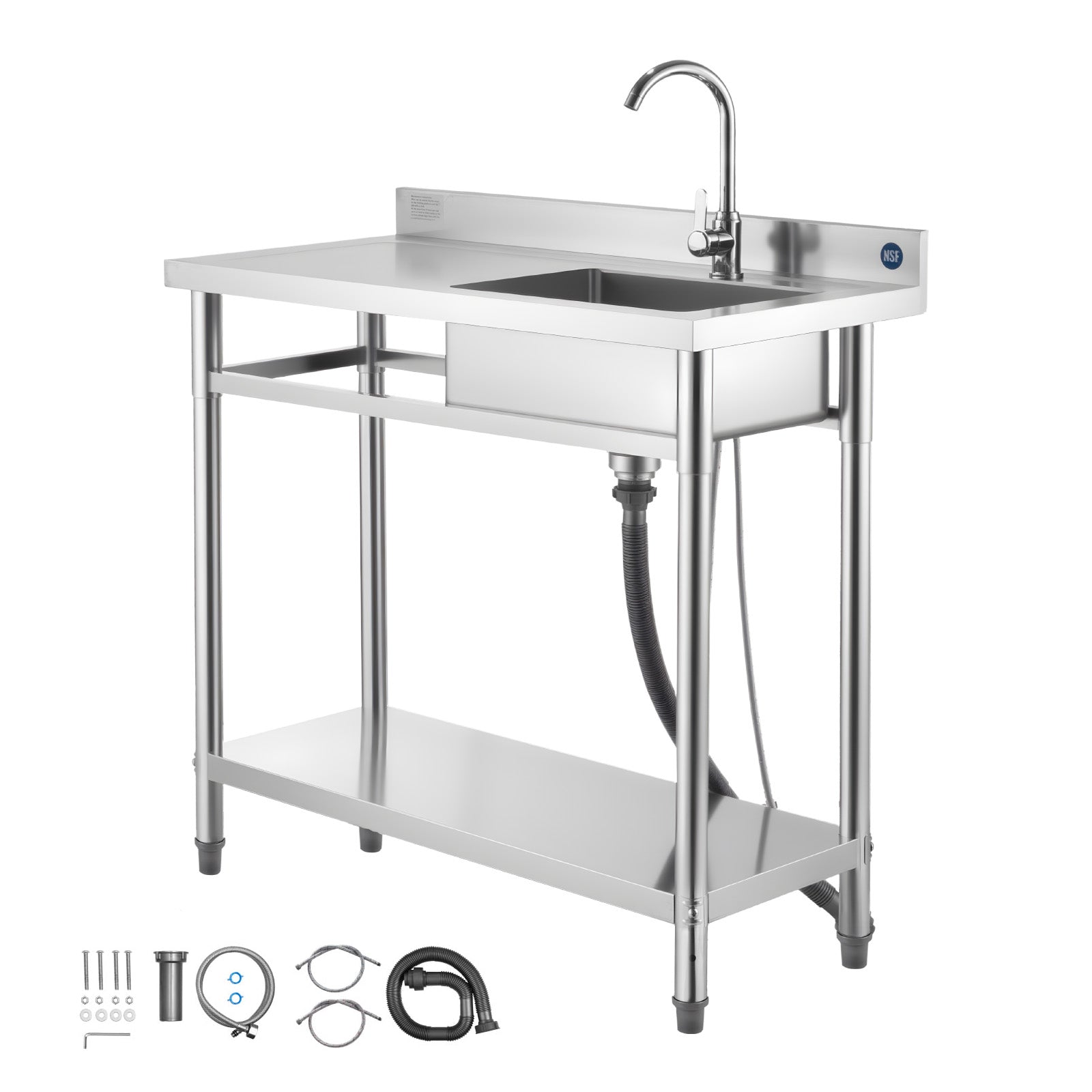 Stainless Steel Utility Sink, Free Standing Single Bowl Commercial Kitchen Sink with Faucet, 39.4 x 19.7 x 37 in, Utility Left Basin with Hot & Cold Water Pipe for Garage, Restaurant, Laundry