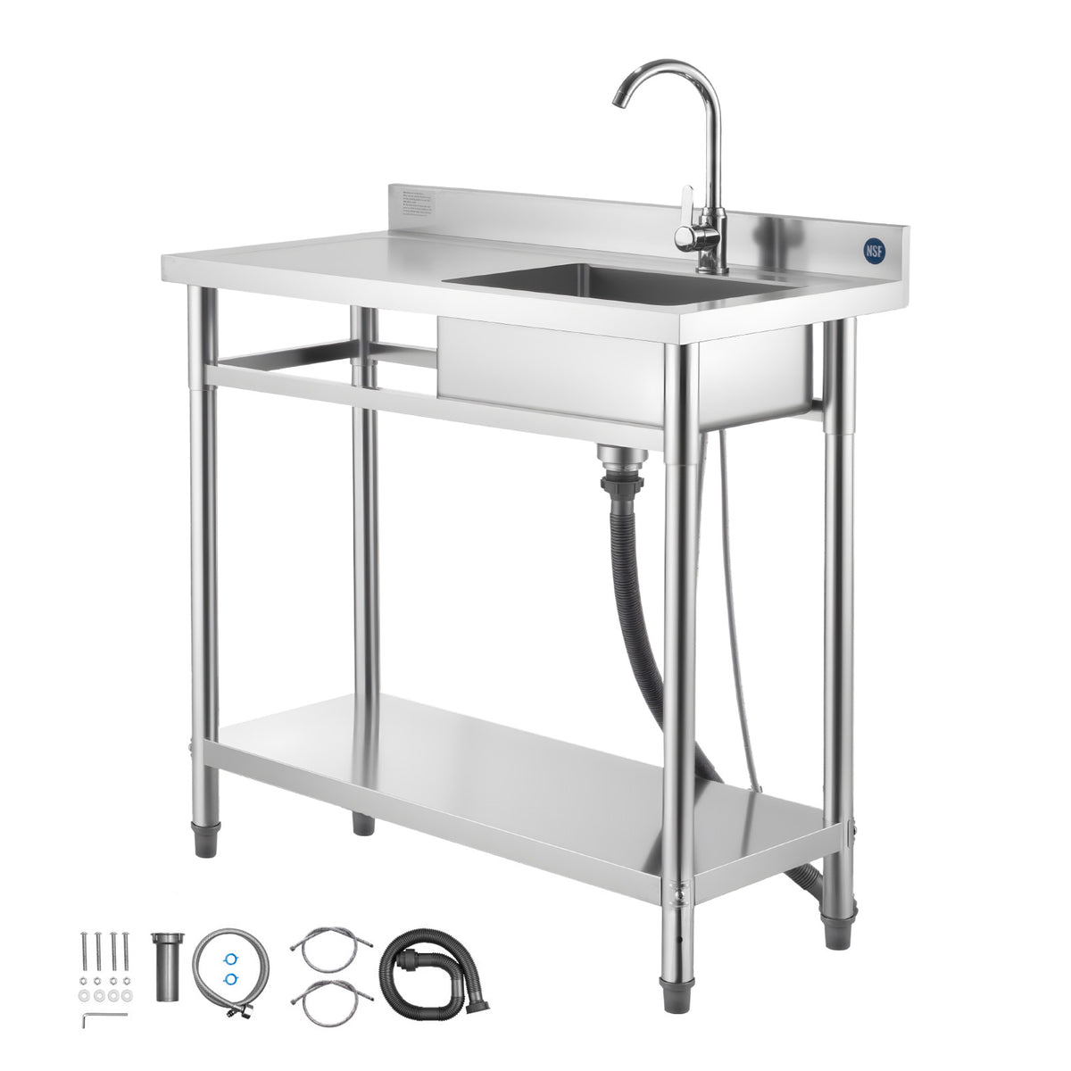 Stainless Steel Utility Sink, Free Standing Single Bowl Commercial Kitchen Sink with Faucet, 39.4 x 19.7 x 37 in, Utility Left Basin with Hot & Cold Water Pipe for Garage, Restaurant, Laundry