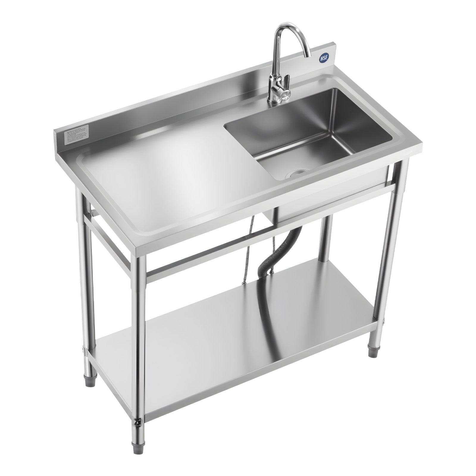 Stainless Steel Utility Sink, Free Standing Single Bowl Commercial Kitchen Sink with Faucet, 39.4 x 19.7 x 37 in, Utility Left Basin with Hot & Cold Water Pipe for Garage, Restaurant, Laundry
