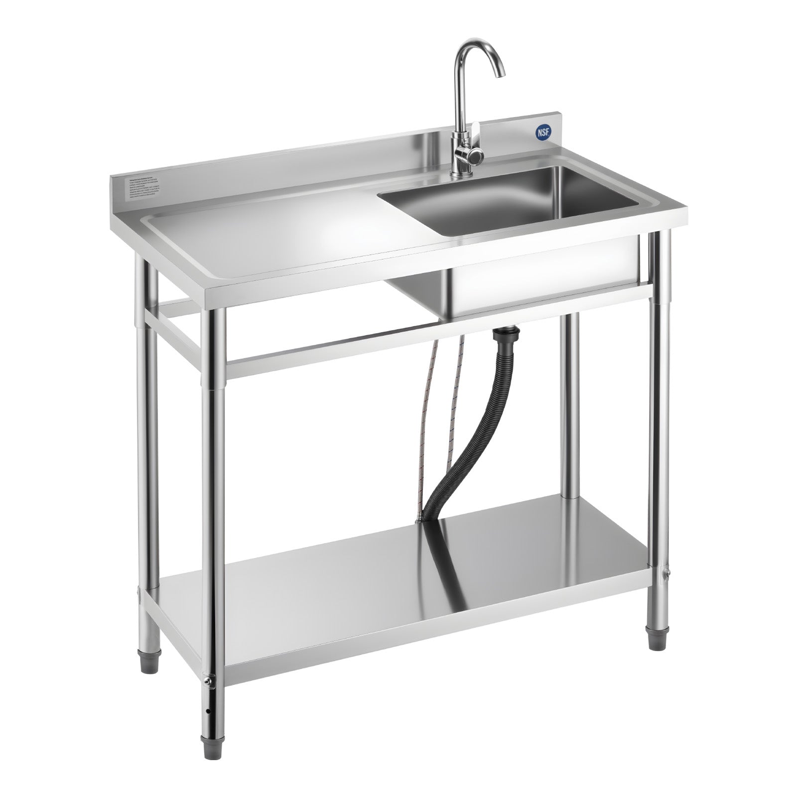 Stainless Steel Utility Sink, Free Standing Single Bowl Commercial Kitchen Sink with Faucet, 39.4 x 19.7 x 37 in, Utility Left Basin with Hot & Cold Water Pipe for Garage, Restaurant, Laundry