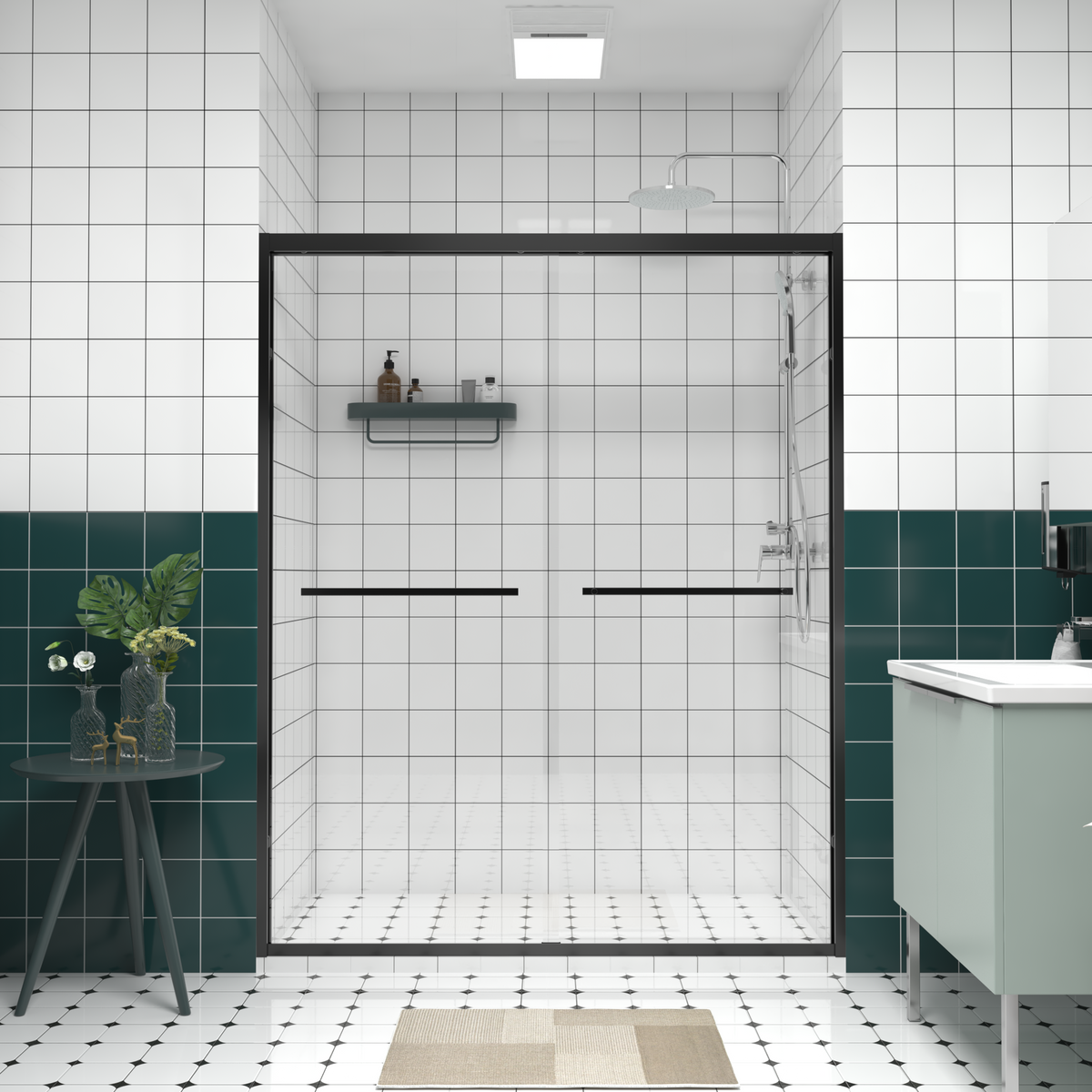 56-60"x74" Aluminum Frame Double Sliding Shower Door,Bypass Bathroom Sliding Door with Premium 1/4" (6mm) Clear Tempered Glass, Black Hardware Sliding Glass Shower Enclosure,Matte Black Finished