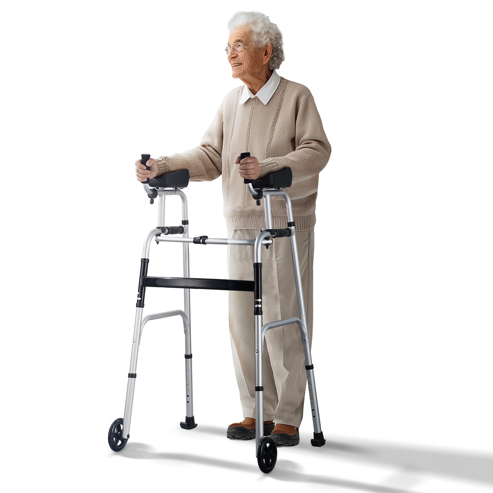 2 in 1 Folding Walker with Armrest Pads & 5" Solid Wheel Height Adjustable