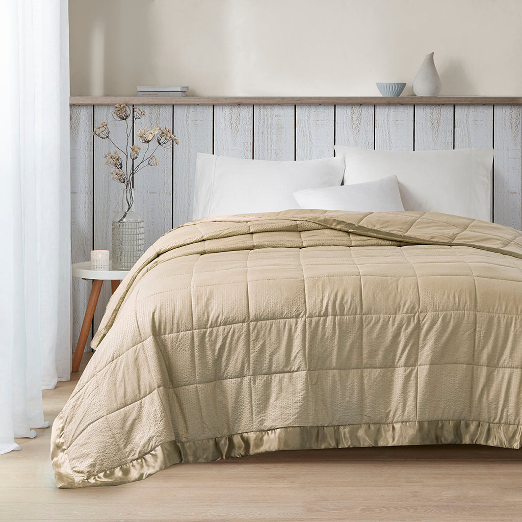 Oversized Down Alternative Blanket with Satin Trim Taupe Full/Queen