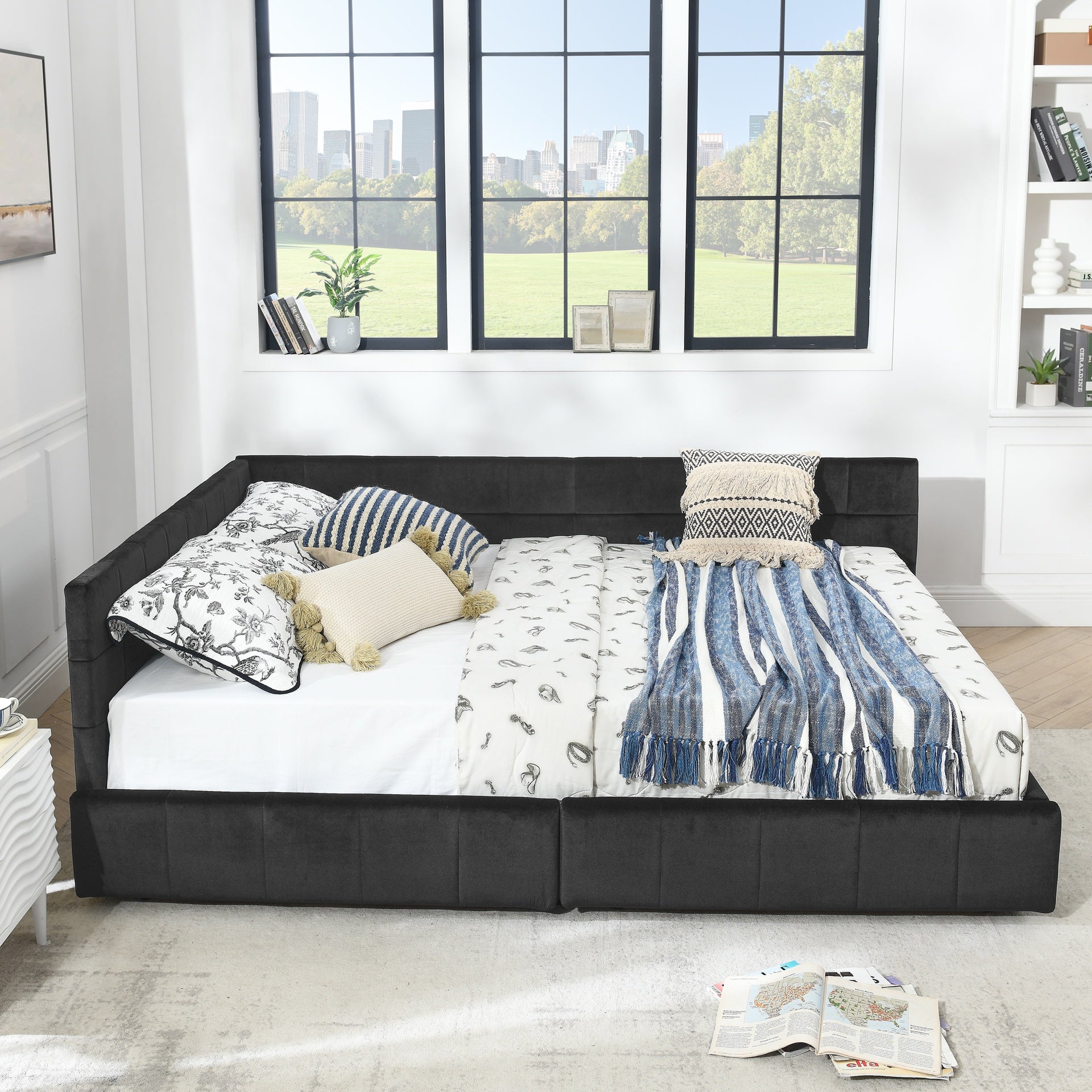 Queen Size Storage Upholstered Tufted Bed Frame, Sofa Bed Frame with Comfortable Backrest and Armrests, Queen Size Bed for Bedroom, Living Room,Velvet, BLACK(85.5''*64.5''*29.5'')